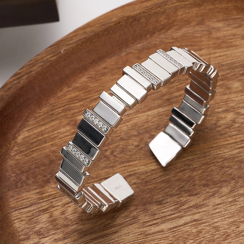 925银手镯 梁雅帝专属新品重工石板弹力设计感纯银手镯