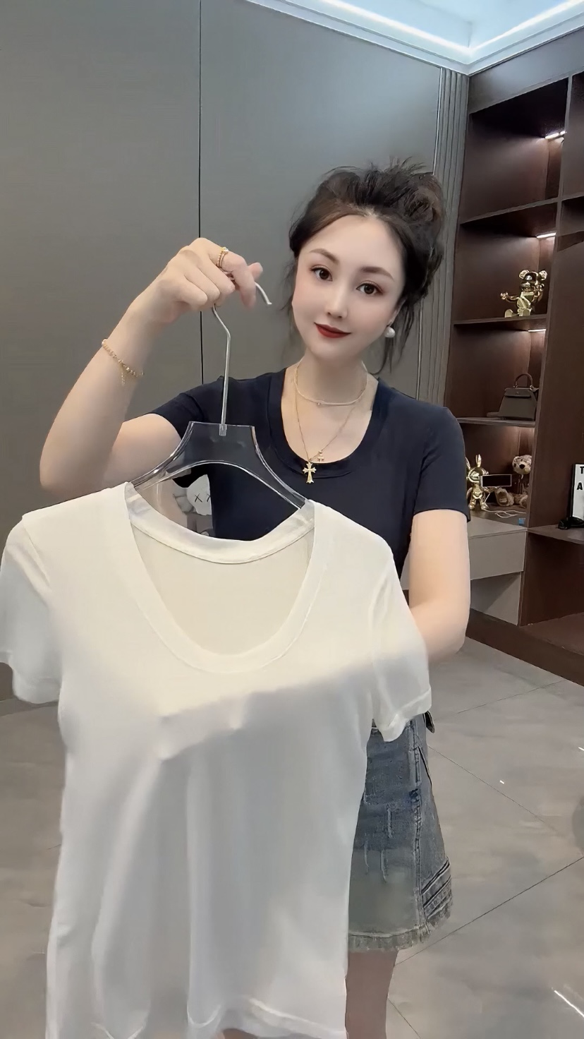 2025春夏新款极简老钱风高智感时髦休闲百搭显瘦U领短袖T恤上衣女