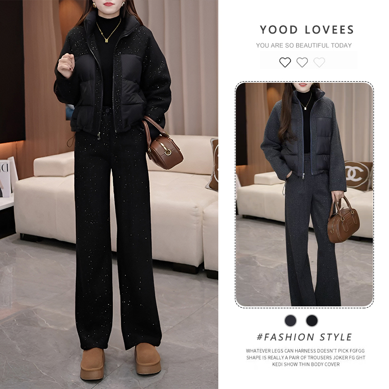 时尚加厚套装女2025秋冬新款洋气宽松显瘦百搭棉服阔腿裤两件套潮