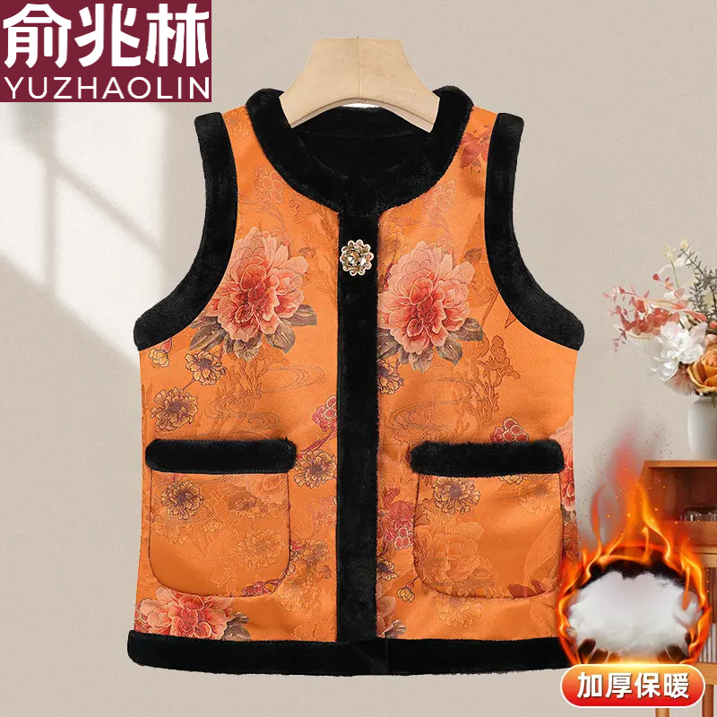 中老年女装妈妈装花鸟风加绒加厚马甲奶奶装老太太中国风保暖背心