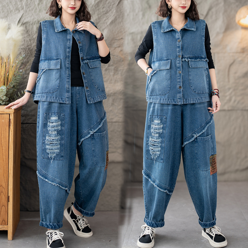 2025新款春秋季牛仔两件套时尚减龄翻领马甲宽松休闲哈伦裤套装