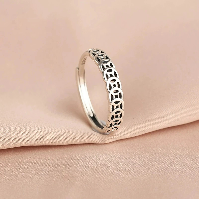 925银戒指 925银复古戒指招财聚财钱币个性设计简约小众开口转运