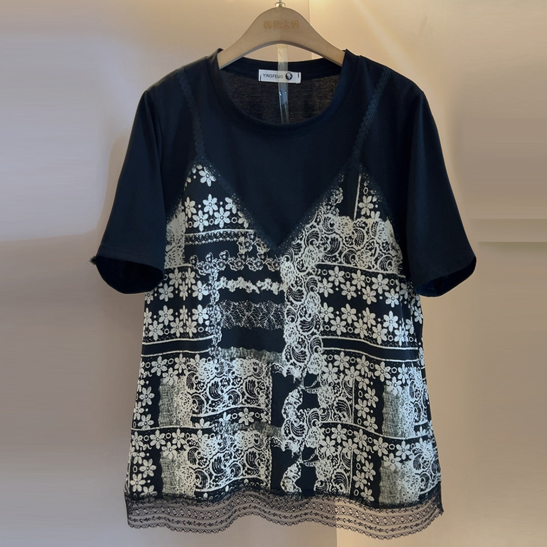 夏季拼接短袖常规常规款女性碎花T恤假两件打底衫内外穿时尚气质