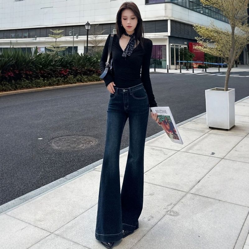 高个子加长复古气质微喇叭牛仔裤女秋季港味弹力修身包臀拖地长裤