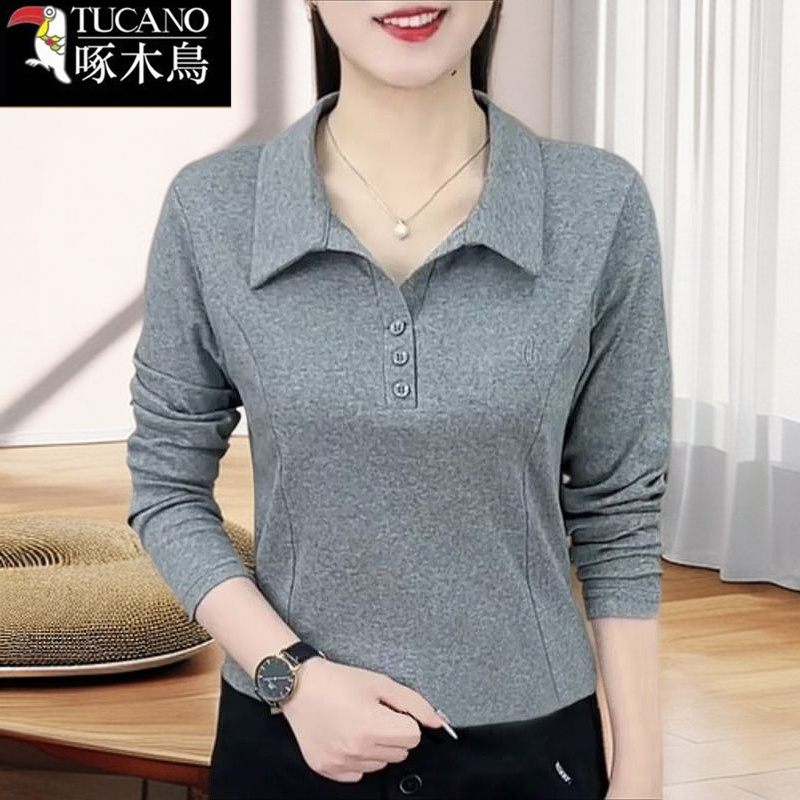 啄木鸟潮流洋气减龄妈妈装上衣2025年秋季POLO翻领百搭长袖t恤女
