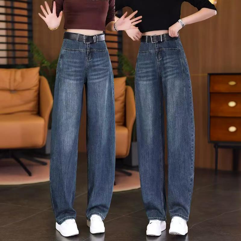 正品爆款复古风高腰弯刀加绒牛仔裤新款阔腿裤宽松显瘦百搭裤子