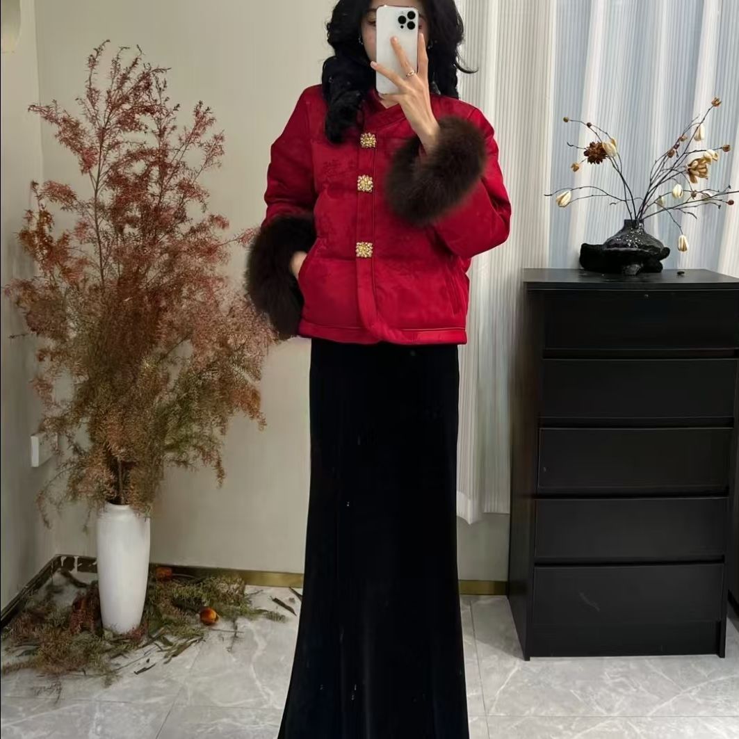 高档新中式国风提花羽绒服女2025年冬季新款袖口狐狸毛白鸭绒外套