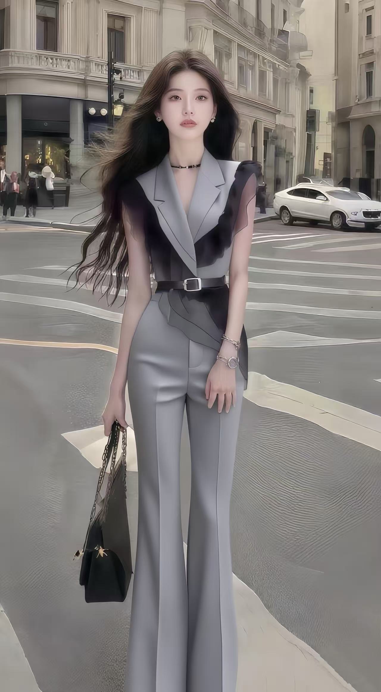 时尚新款灰色无袖V领修身收腰上衣+灰色百搭显瘦长裤女高级两件套