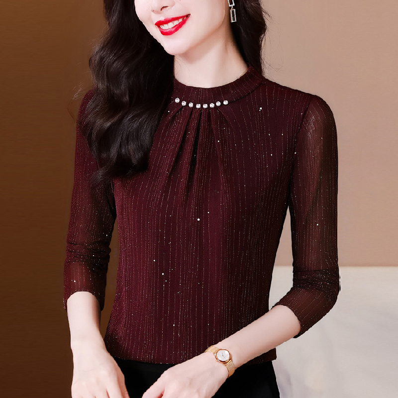 半高领网纱打底衫女装长袖t恤春秋新款修身内搭上衣妈妈蕾丝小衫