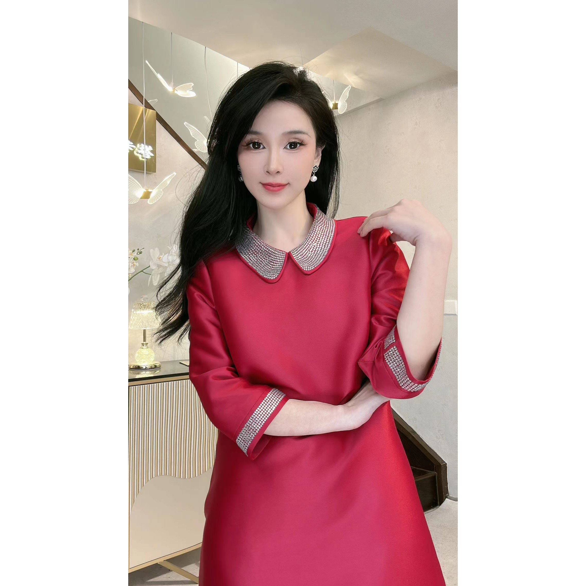 YUANBAO【一衣两穿】波尔多红高贵设计感网红洋气炸街女装连衣裙