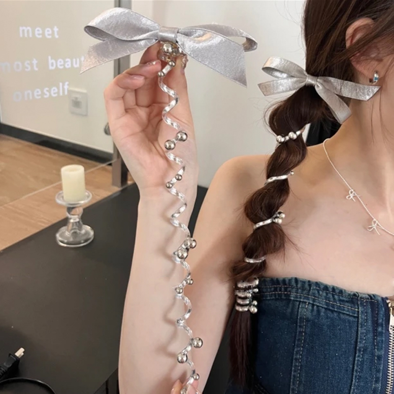 亲子电话线发圈女童银色蝴蝶结珠珠时尚轻奢感泡泡马尾辫绕绕发绳