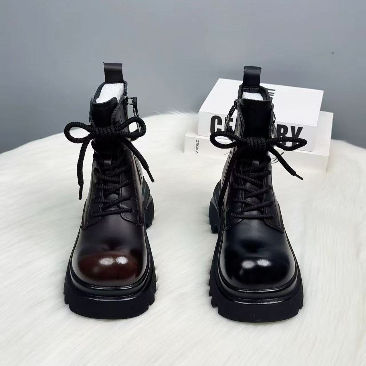 马丁靴女设计感小众靴子2025新款棕色秋冬复古时尚粗跟英伦风软底