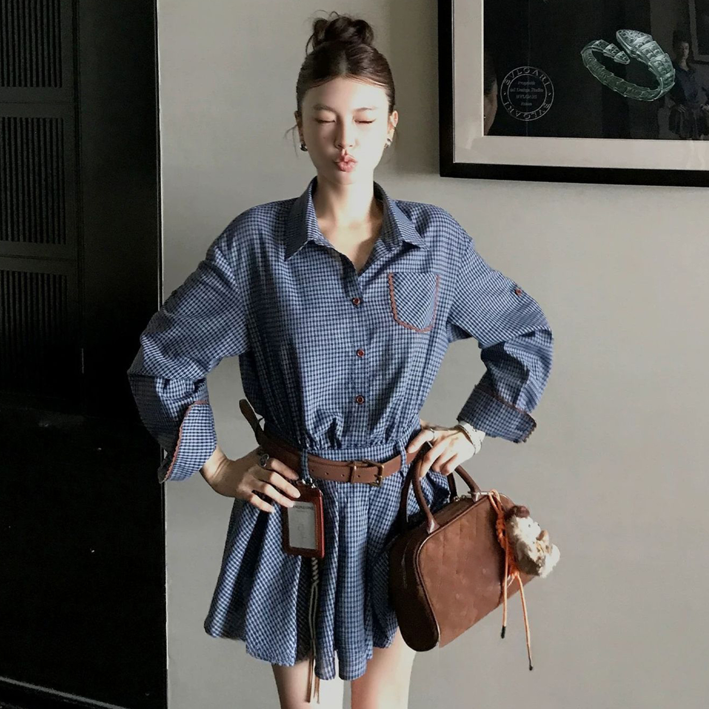 法式格子衬衫连衣裙女春秋季新款复古设计感显瘦百搭百褶短裙子潮