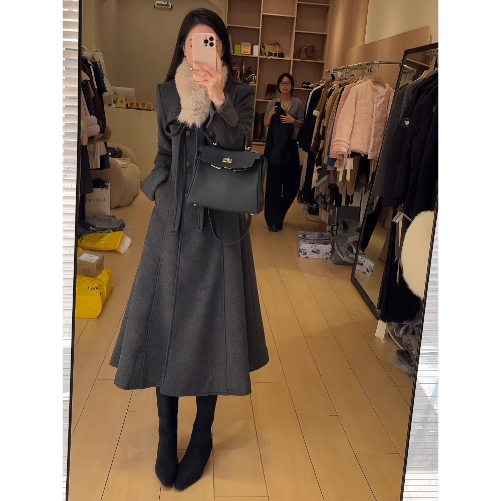 韩版ins风灰色毛呢裙子冬季加厚保暖蝴蝶结小众高级感连衣裙长裙