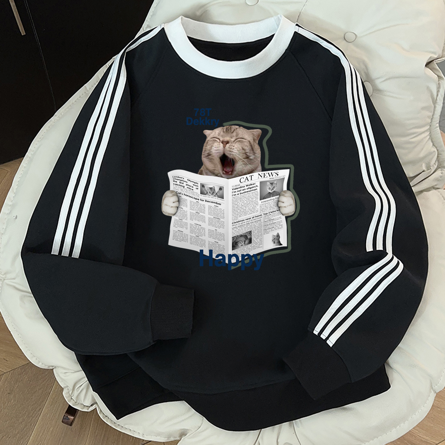 美式卡通猫印花秋冬季上衣韩版男女款三条杠宽松百搭圆领黑色卫衣