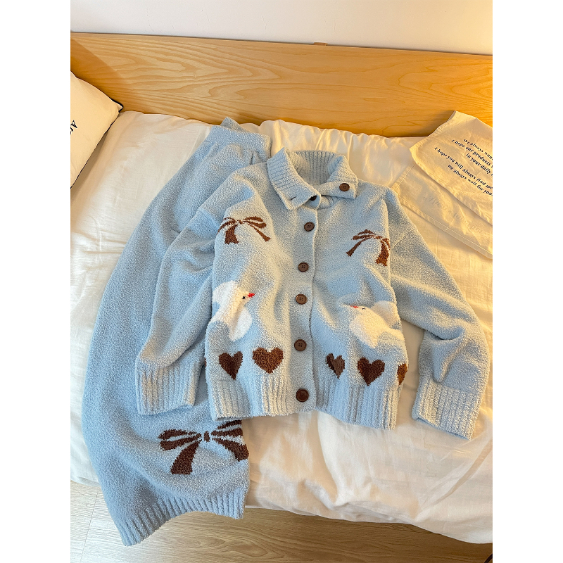 大码温柔风卡通白鸽半边绒睡衣女冬季2025新款加绒加厚居家服套装