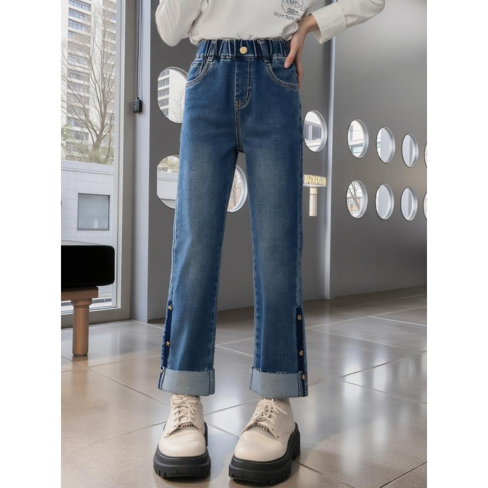 FAVMARTHA2025新款女童牛仔裤春季和秋季儿童风格裤大儿童秋季弹
