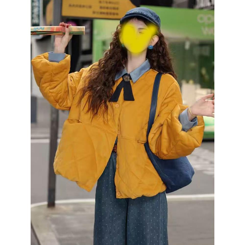 复古港风菱形格棉服女2025秋冬新款宽松显瘦灯笼袖加厚保暖短外套