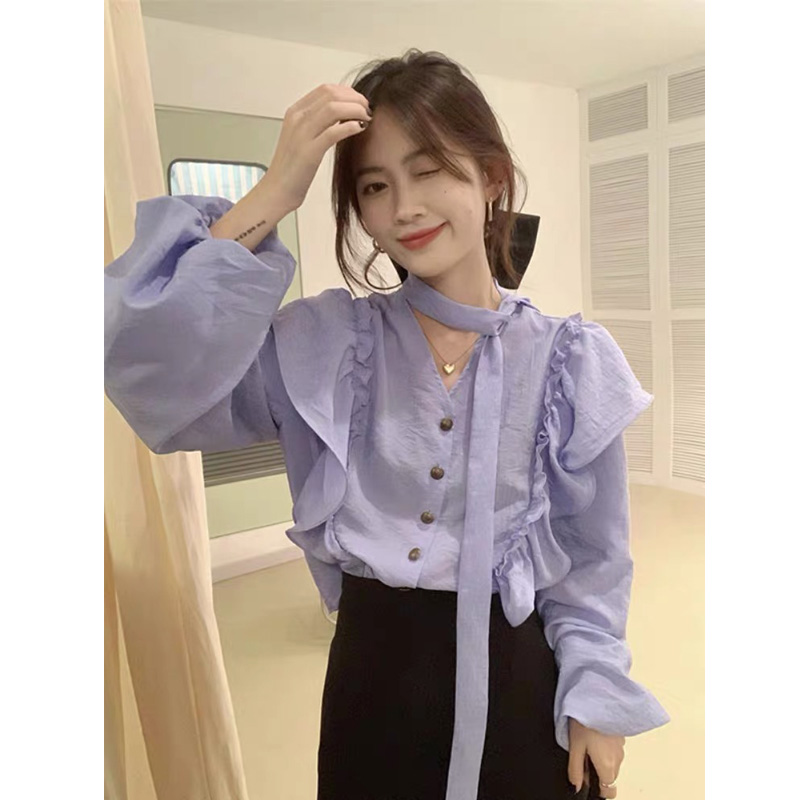 法式独特小上衣轻奢高级感春装新款气质小众荷叶边灯笼袖紫色衬衫