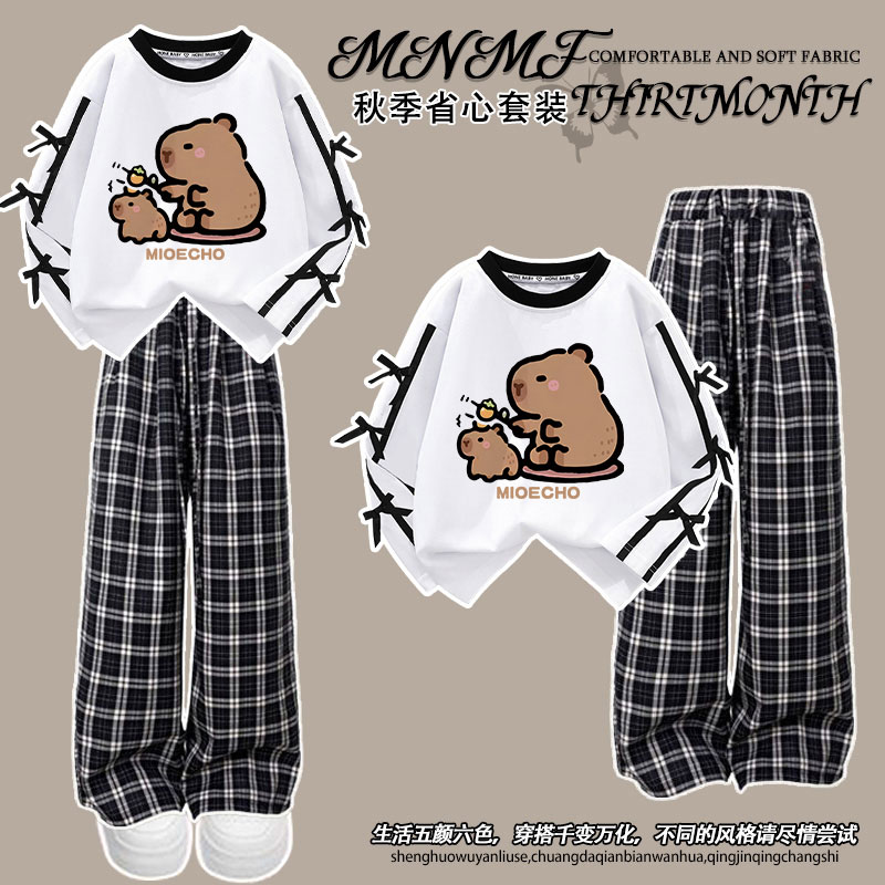 卡皮巴拉秋季套装男女童蝴蝶结长袖格子长裤洋气时髦中大童两件套