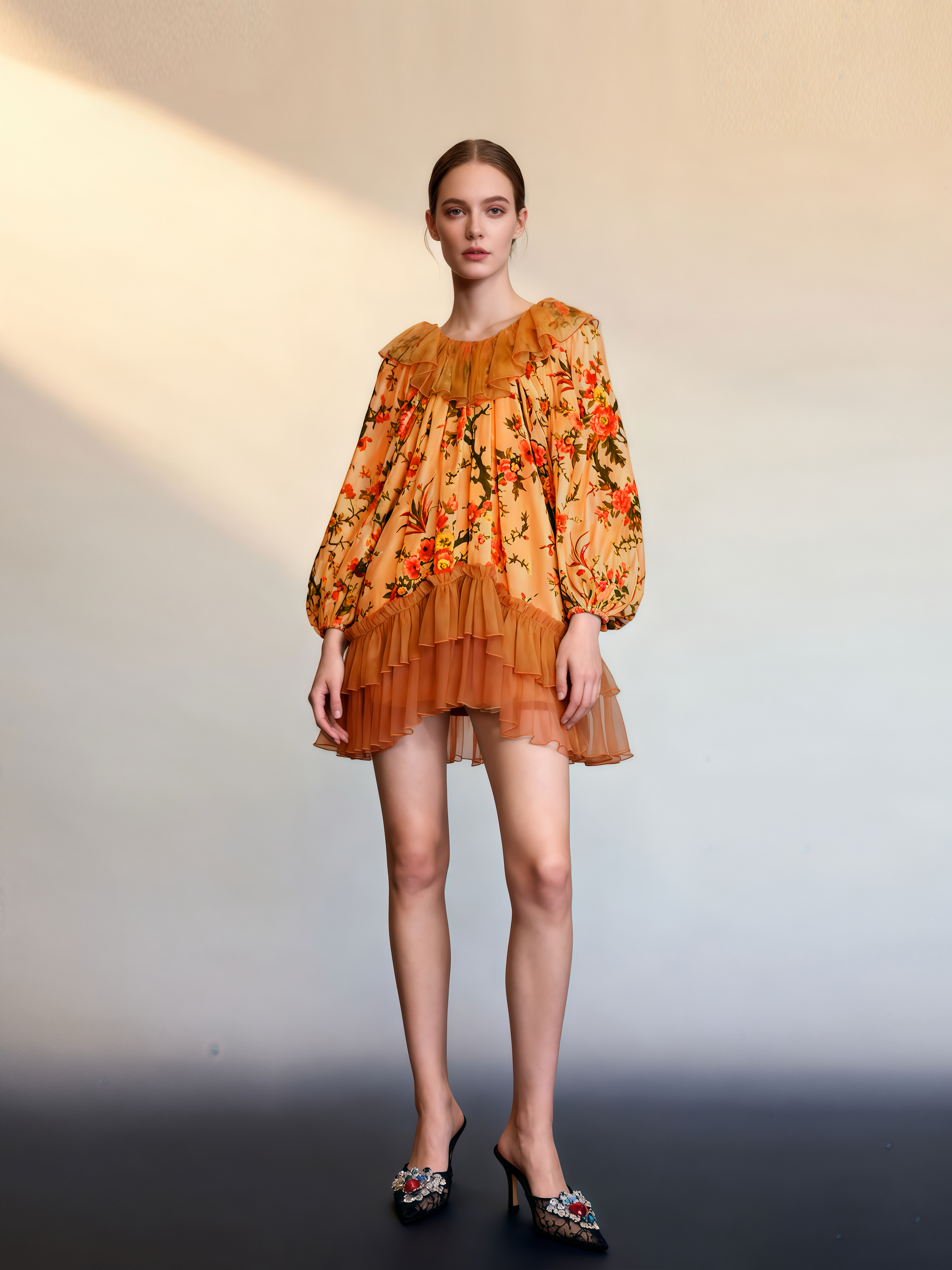 【金秋丹桂】荷叶边装料植绒印花长袖连衣裙305-A-25795