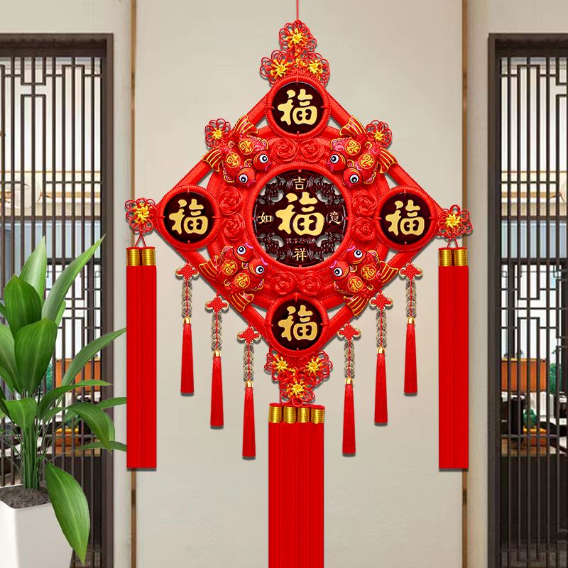 五福桃木中国结挂件客厅大号福字玄关高档乔迁喜庆新年电视装饰品