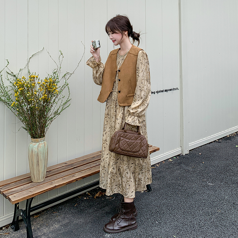 法式复古名媛气质显瘦咖色马甲碎花连衣裙两件套2025新款超火套装
