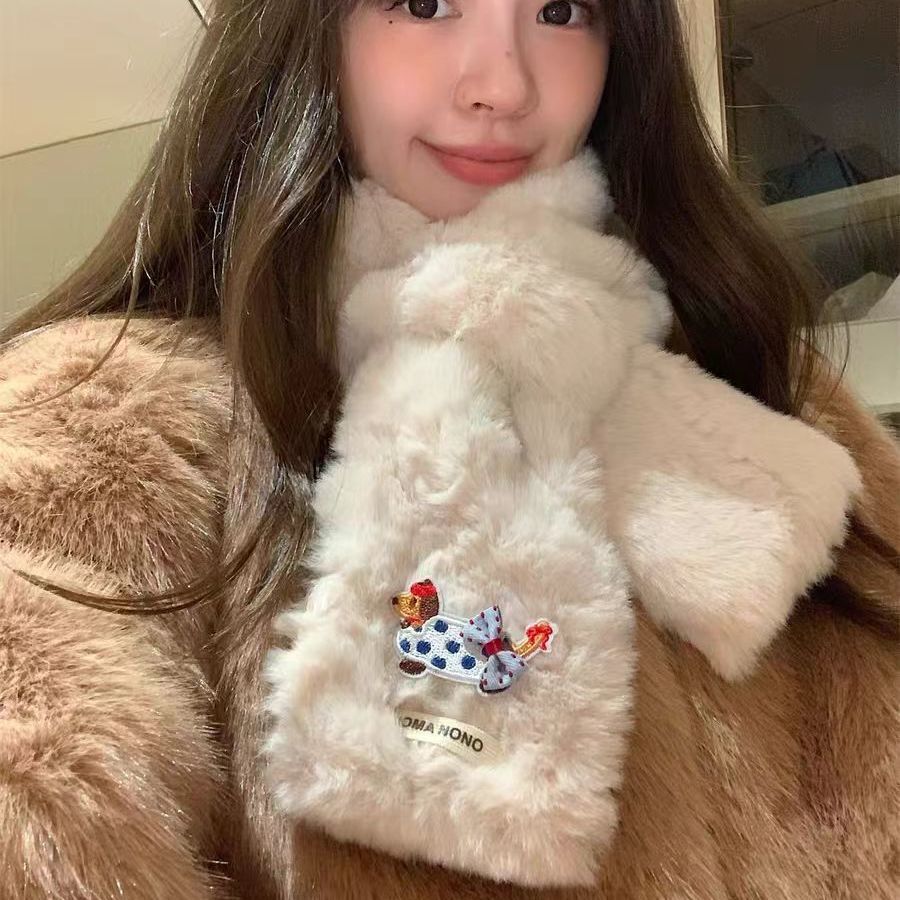 卡通可爱腊肠狗小狗日系加厚围脖冬季毛绒保暖交叉不掉围巾学生pp