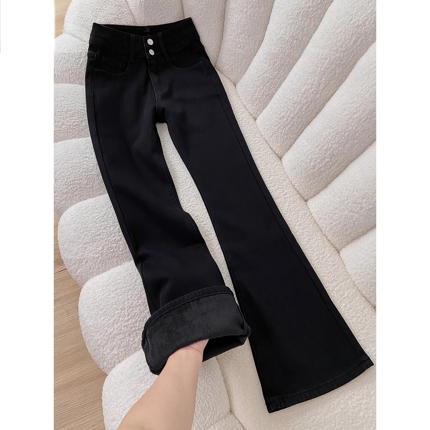 加绒加厚黑色微喇牛仔裤女2025新款秋冬高腰时尚显瘦小个子喇叭裤