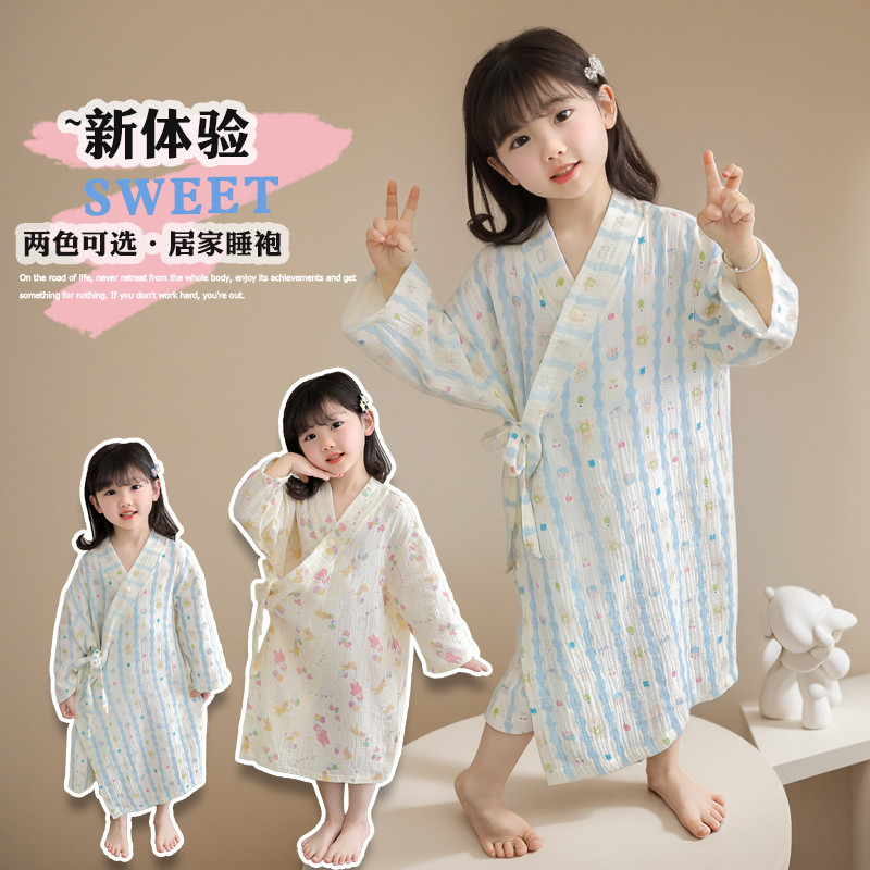 儿童纯棉纱布浴巾可穿式女童浴袍家居服洗澡睡袍卡通宝宝空调睡衣