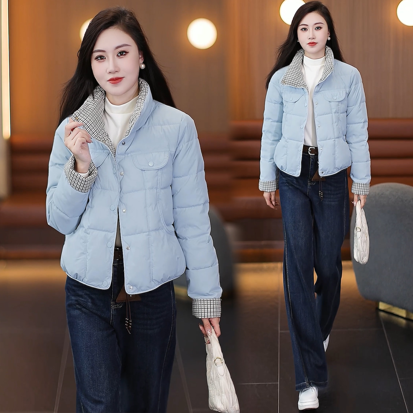 蓝色格子拼接羽绒棉服女2025冬季新款洋气显瘦减龄小个子保暖棉袄