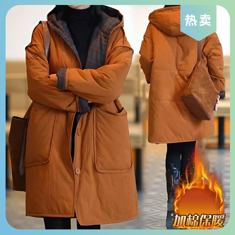 秋冬新款拼接宽松显瘦连帽气质中长款两面穿夹棉加厚保暖风衣外套