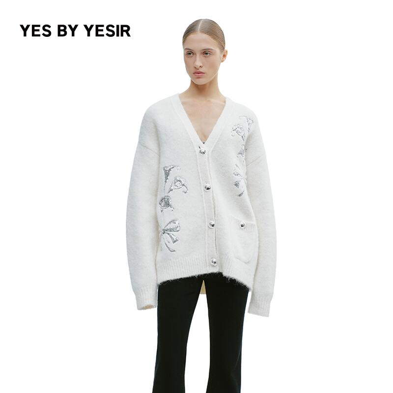 叶谦原创设计师2025年秋新款马蹄莲梦露珠片针织开衫YEFLC21205