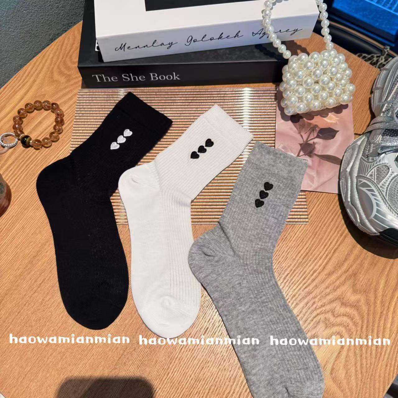 三个爱心刺绣袜子女中筒袜ins潮袜春夏季薄款透气百搭无骨堆堆袜