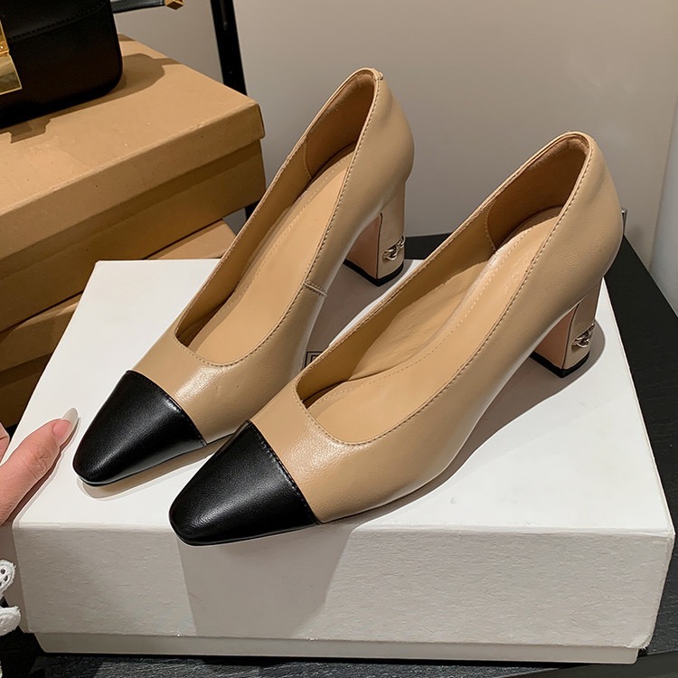 浒城古娘小香风高跟鞋气质中跟浅口拼色减龄百搭单鞋WH05007190