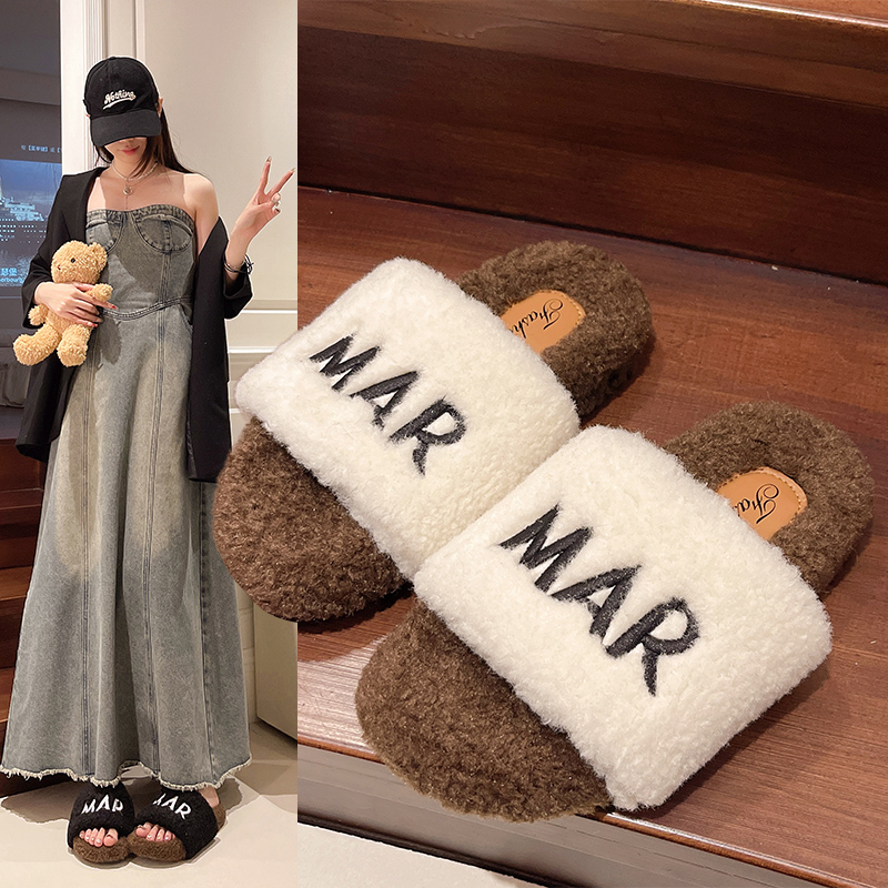 毛毛拖鞋女款2025新款秋冬季外穿时尚百搭加绒保暖一字拖棉拖鞋女