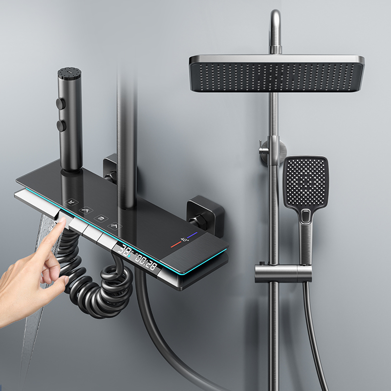 家用枪灰色奶白色钢琴按键氛围灯全铜增压数显恒温淋浴花洒套装