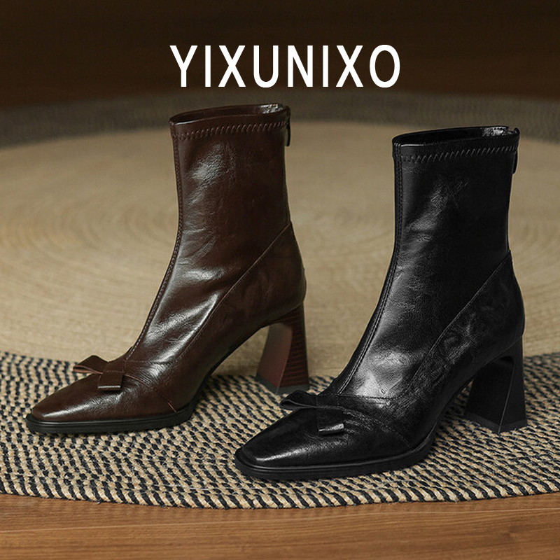 羊皮版~复古蝴蝶结高跟靴小方头气质粗跟短靴后拉链弹力瘦瘦靴女