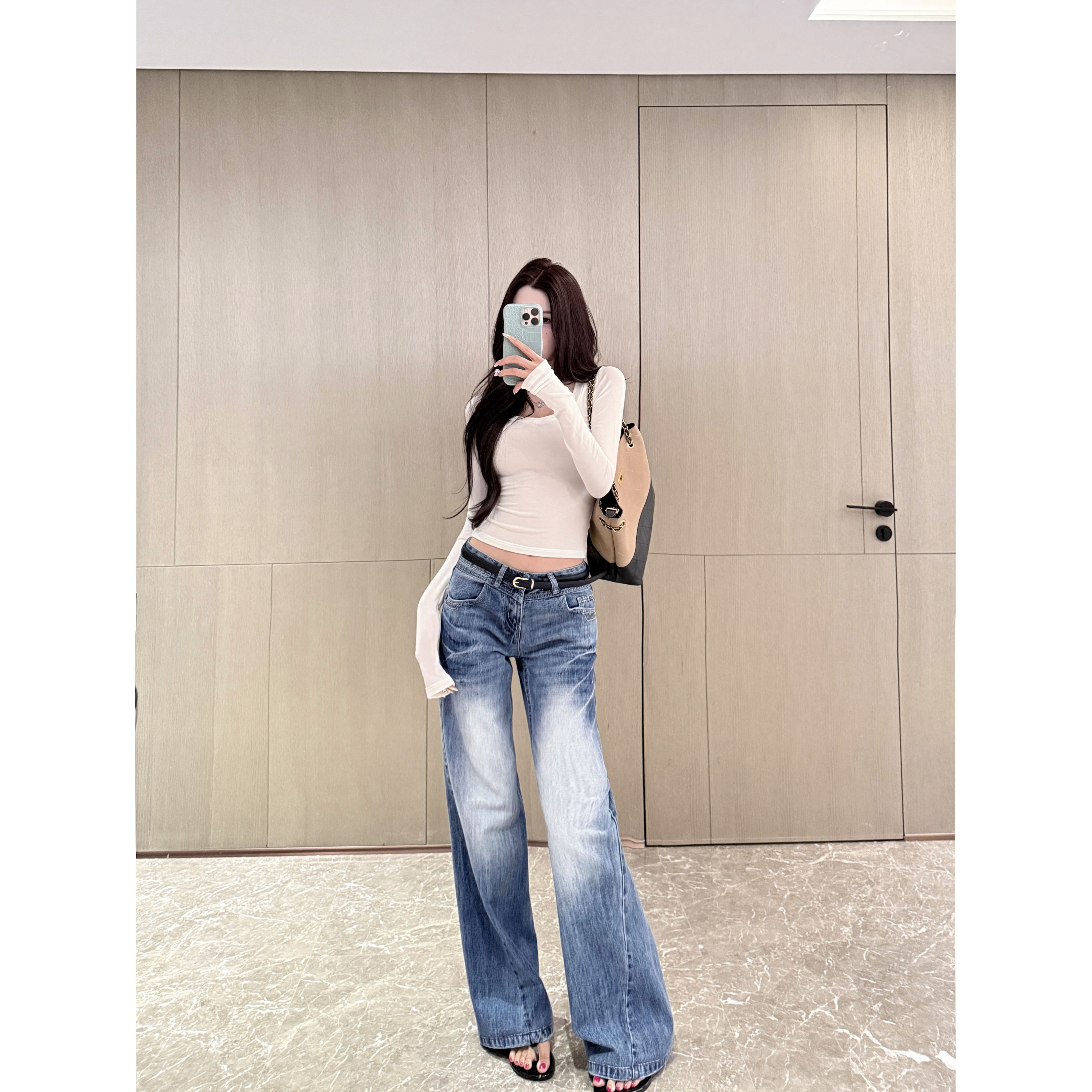 【小仙定制】低腰牛仔裤女显瘦直筒宽松设计感微喇裤阔腿裤高个子