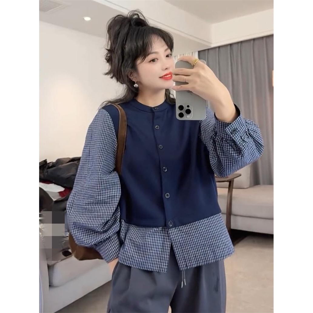 淳启正宗的小格子假两件套拼接针织衬衫的妇女年春天苗条设计上衣