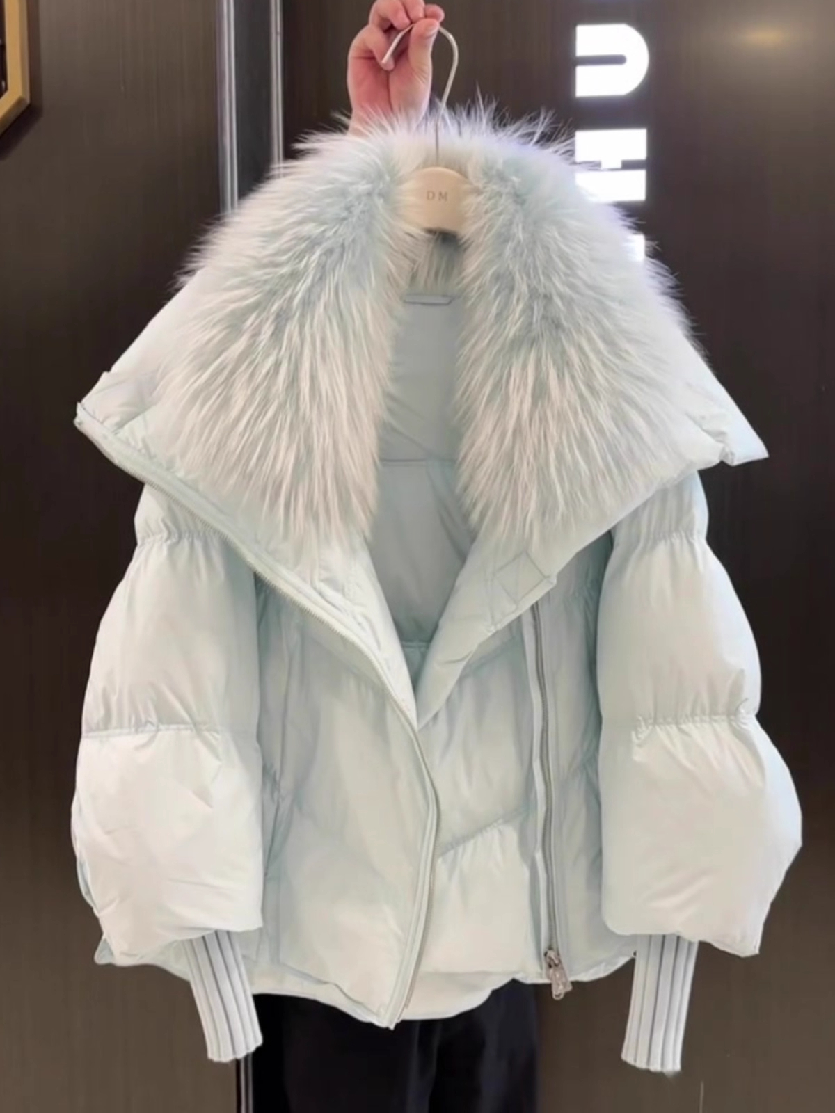 蓝色毛毛大翻领加厚棉服外套女冬季韩系高级感百搭保暖面包服上衣