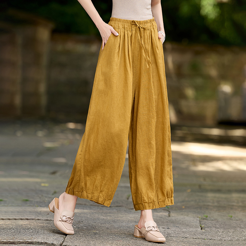 100%亚麻捏褶灯笼裤女松紧腰系带薄款宽松麻裤文艺九分休闲阔腿裤
