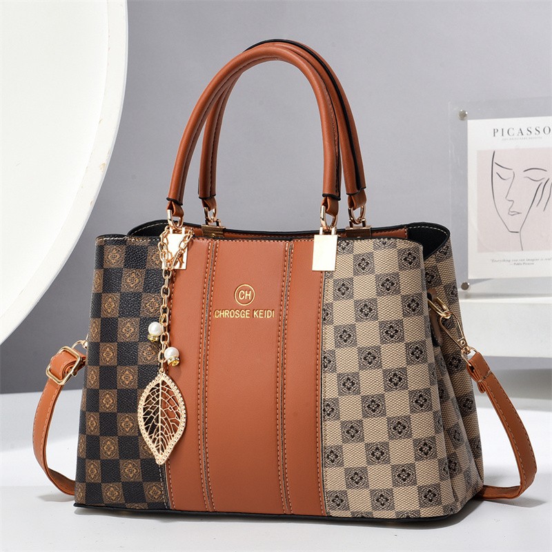 四季通用印花手提包红色妈妈包包气质格子洋气单肩包