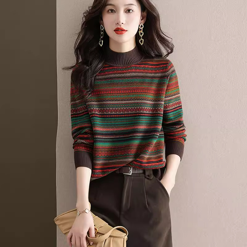 哥弟阿玛施正品半高领女士羊毛衫复古提花毛衣洋气条纹针织打底衫