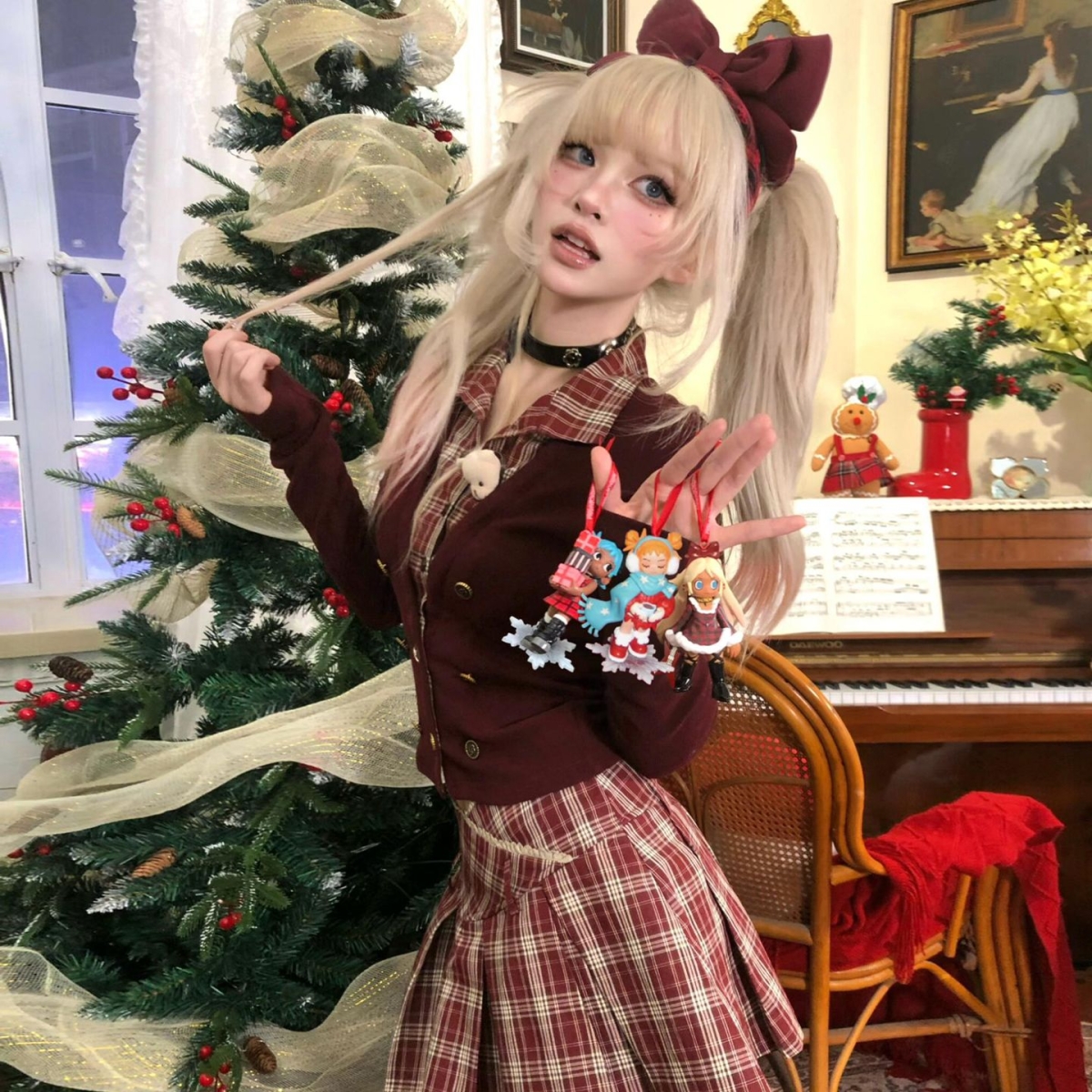 巨好看红色格子套装连衣裙子女秋冬季2025新款韩系圣诞穿搭一整套