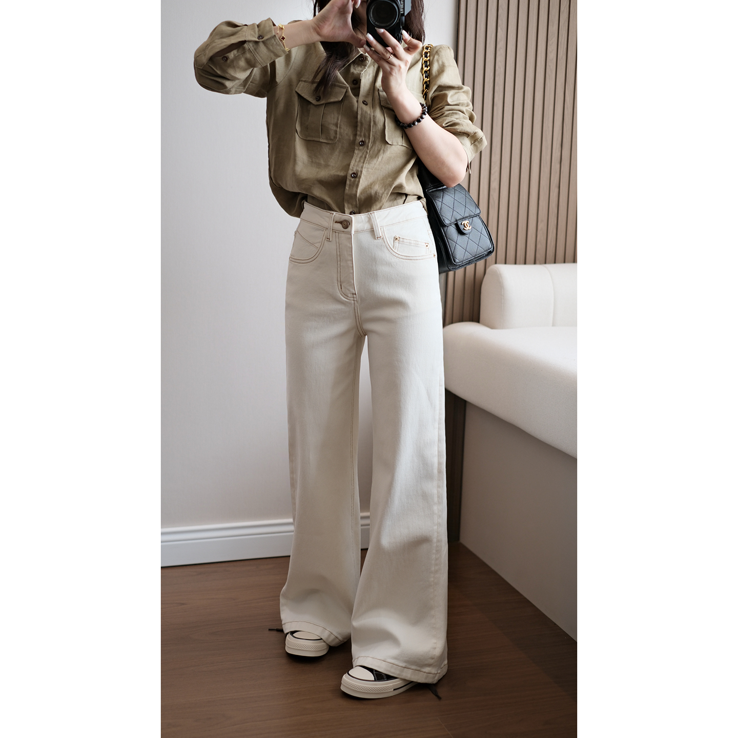 "小金条白牛“米白色明线复古老钱微喇牛仔裤