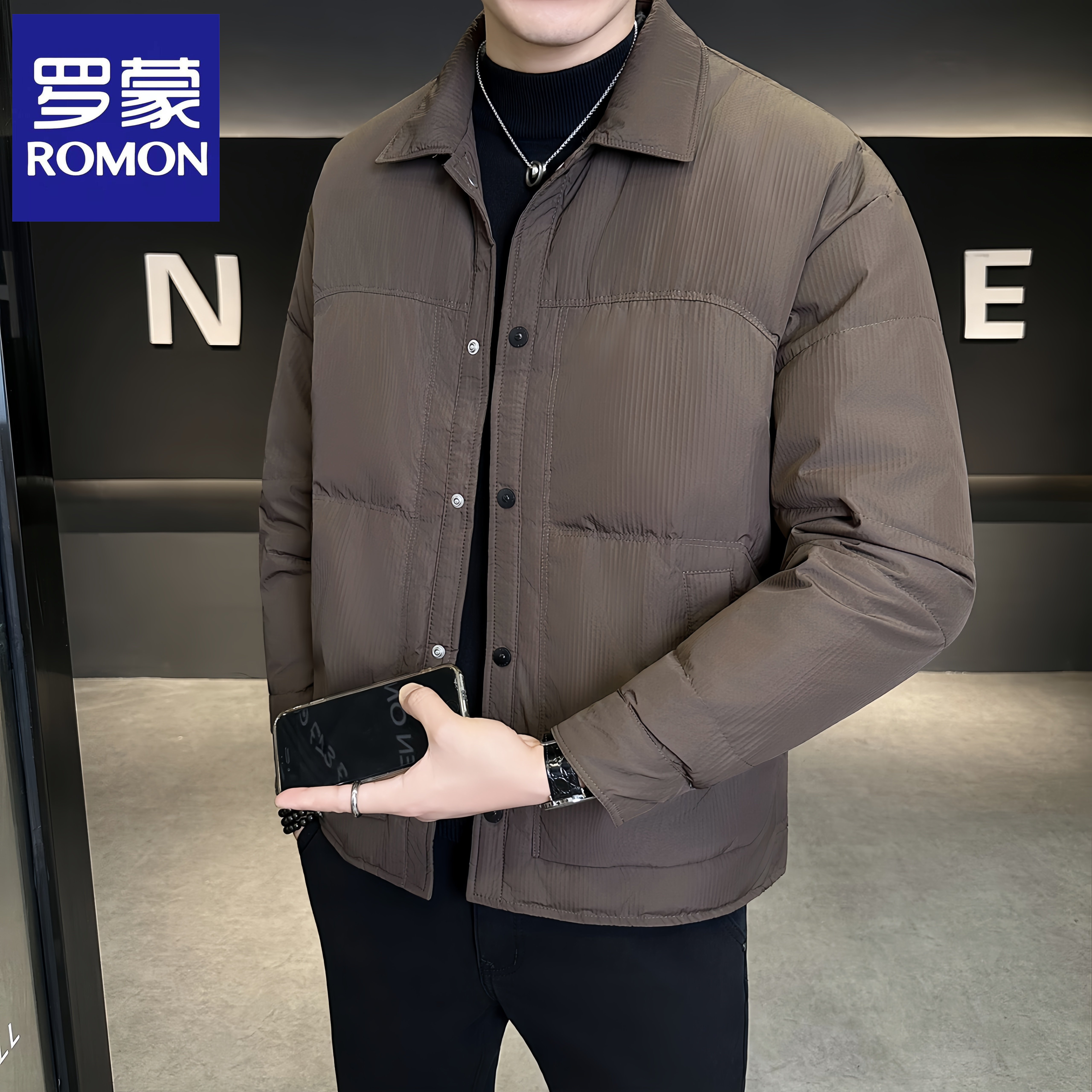 Romon/罗蒙冬季新款羽绒服男士时尚翻领休闲百搭帅气潮流夹克外套