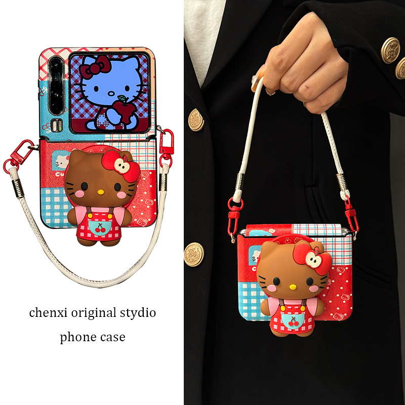 适用华为purax折叠屏手机壳皮质格纹pocket2樱桃kt猫磁吸支架手绳