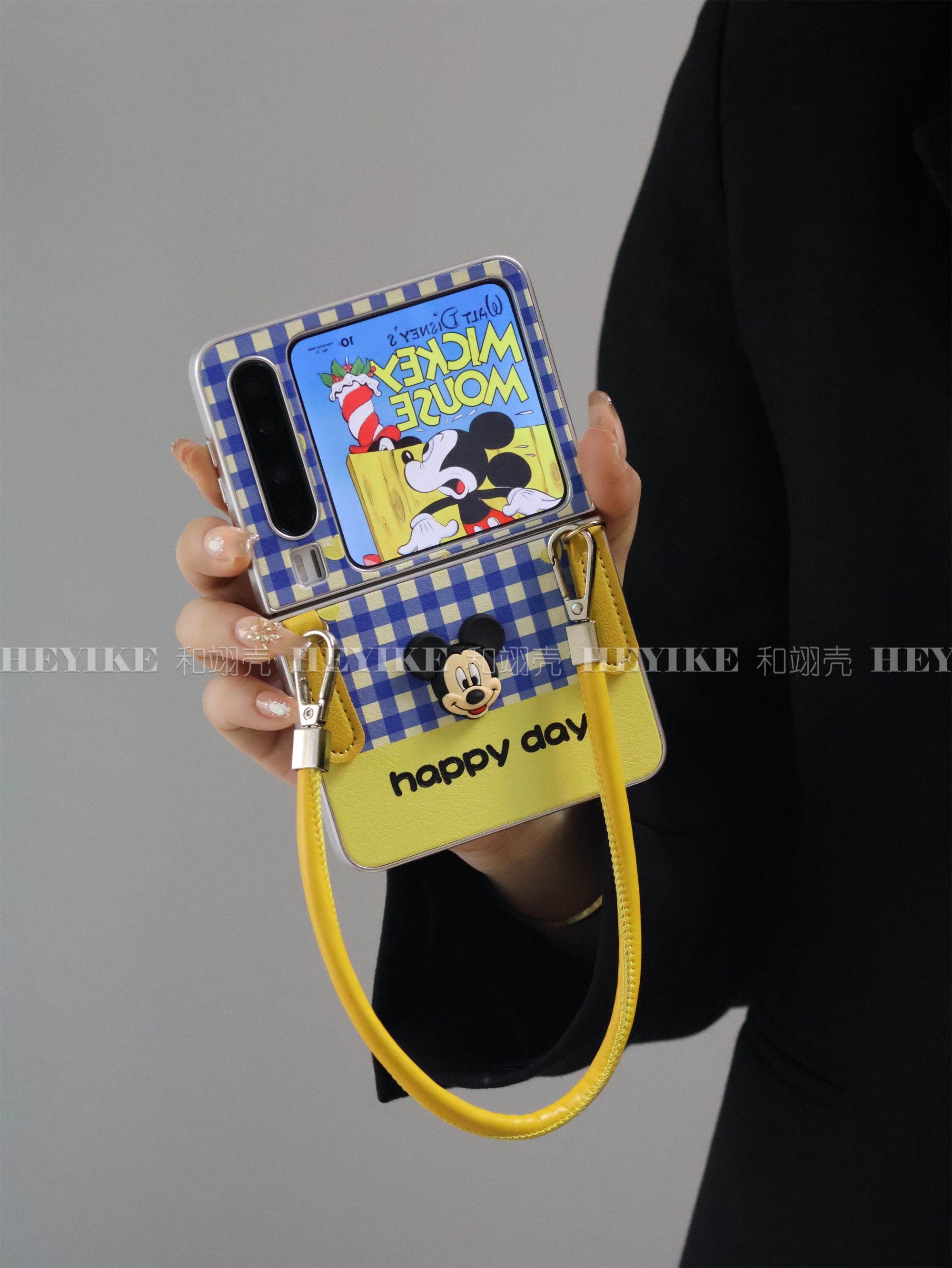 适用小米mixflip2手机壳蓝色格子米奇华为purax卡通阔折叠pocket2