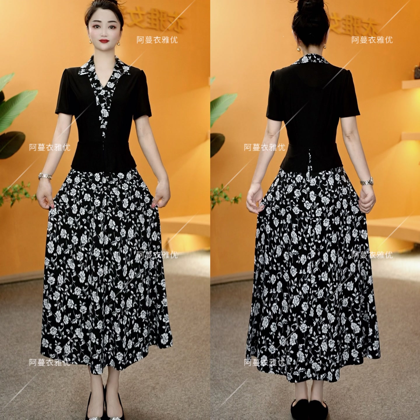 【衣雅严选】8124-1937#夏季新款冰羽丝翻领上衣拼接假两件连衣裙